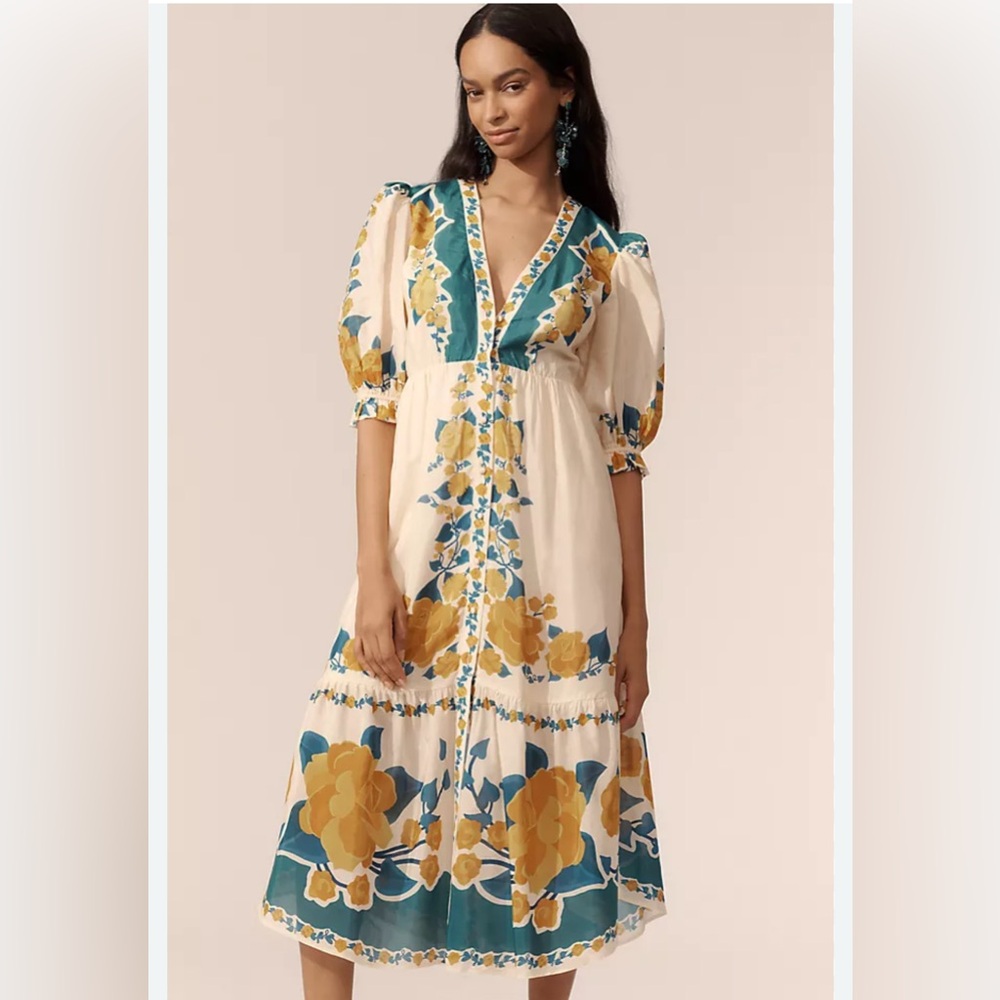 Farm Rio X Anthropologie Small Floral Dress in Cream and Blue